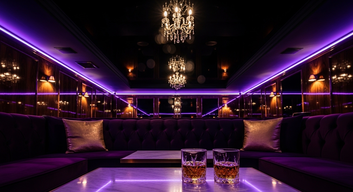강남 하이퍼블릭 VIP룸 내부 인테리어 보라 조명과 벨벳 소파가 있는 프리미엄 라운지