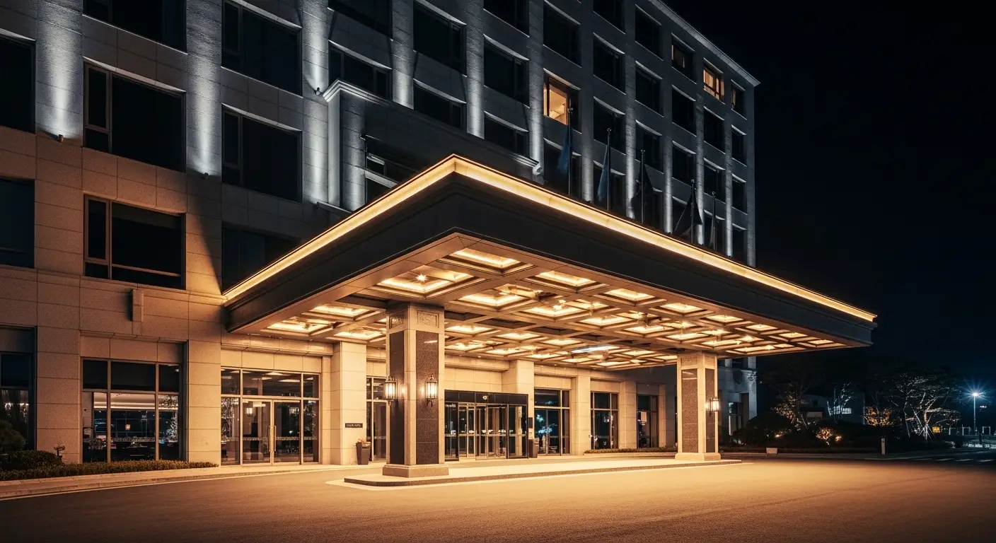 강남하이퍼블릭 추천업소 호텔 부속 계열 입구 캐노피 외관 야경 따뜻한 조명 유앤미 런닝래빗 럭셔리 시설